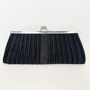Black Pleated Satin Evening Clutch Bag with Silver-tone Kiss-Lock Frame
